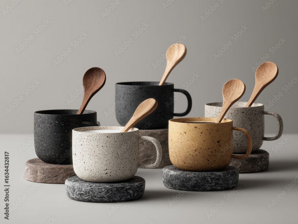 Poster a collection of six unique, colored ceramic mugs on a gray stone surface three in the foreground and
