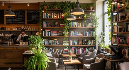 Cozy coffee shop library interior with bookshelves and green plants