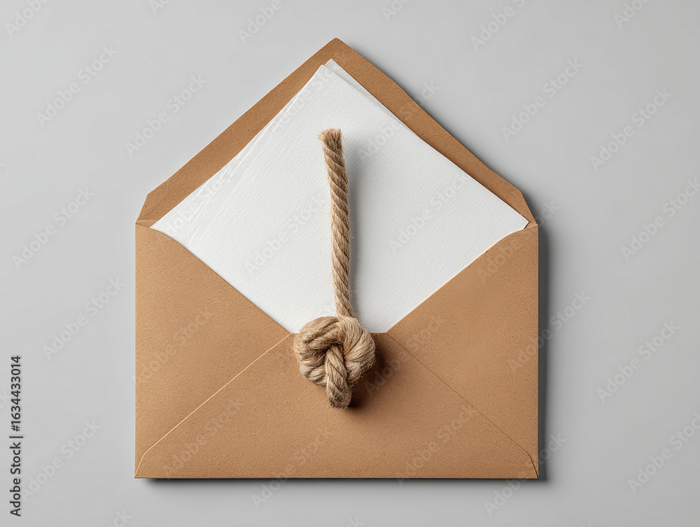 Poster open envelope with folded paper content on a flat surface, tied with a small knot rope modern style,