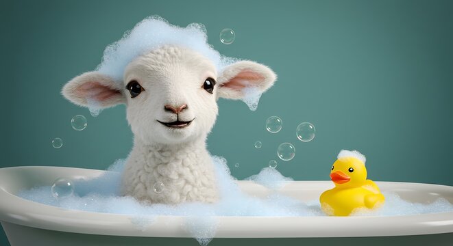 Adorable fluffy lamb enjoying a bubbly bath with a rubber ducky in a bathtub, symbolizing cleanliness and childhood fun