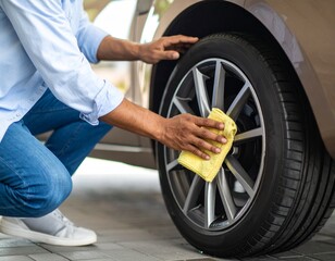 Obraz premium Man Cleaning Car Rim with Detergent and Cloth