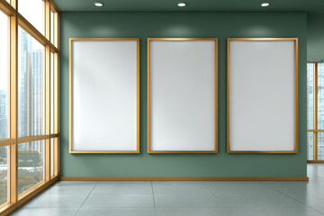 Three blank vertical posters with gold frames on green wall in modern room with large windows