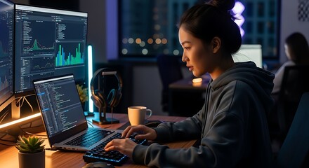 Dedicated female programmer coding on a laptop, engaged in agile software development in a modern office at night.