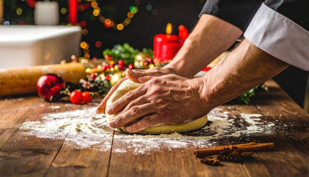 Hands Kneading Dough on Rustic Wooden Table Surrounded by Holiday Decorations and Ingredients for Christmas Baking