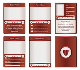 Customizable game card templates featuring red and white design. Perfect for fantasy RPGs and collectible trading card games, with adaptable UI elements for player stats