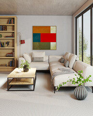 Large luxury modern bright interiors Living room mockup illustration 3D rendering image
