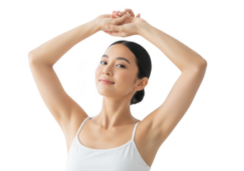 Elegant young asian woman with arms raised, showcasing healthy skin and beauty, isolated on transparent background