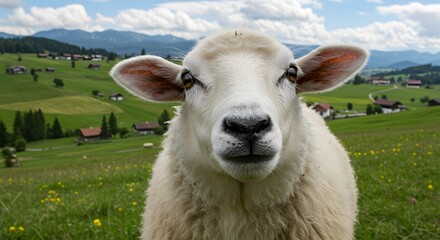 A closeup portrait of a fluffy white sheep standing in a green grassy field with mountains in the background