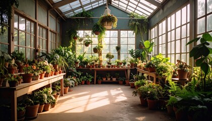 Lush Greenhouse Filled With Vibrant Indoor Plants Bathed In Warm Sunlight Creating A Serene Botanical Environment