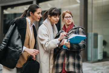 Three young businesswomen are discussing and reviewing documents while standing outdoors in an urban environment. They appear engaged and professional, showcasing teamwork and collaboration.