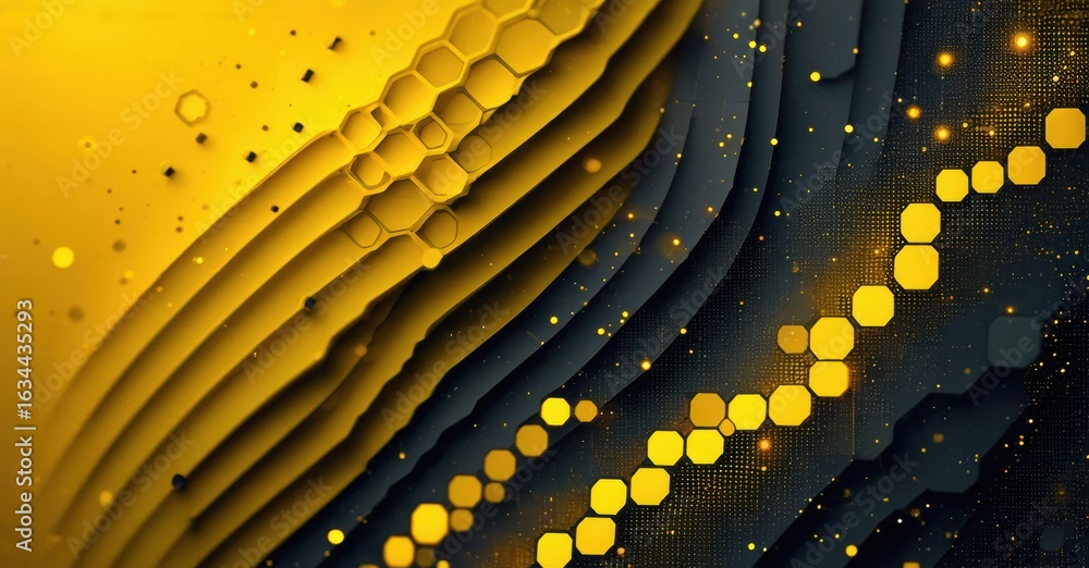 Poster abstract golden layers, dark background. hexagonal patterns create dynamic visual texture. sparkles 