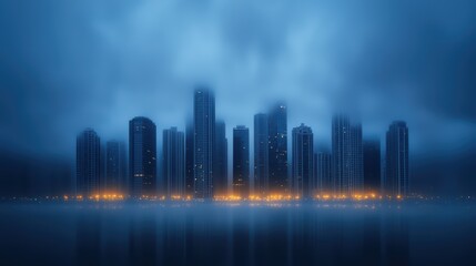 Fototapeta premium Ethereal Cityscape with Fog and Reflections at Dusk