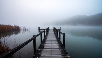 Obraz premium Misty Morning at a Tranquil Lake with a Wooden Dock Leading into the Foggy Horizon Surrounded by Nature and Autumn Colors