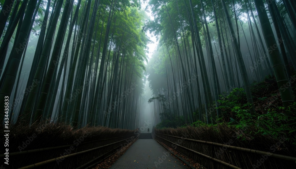 Poster mysterious bamboo forest with mist and pathway surrounded by lush greenery inviting exploration and 