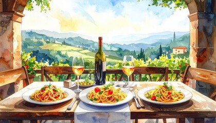 Outdoor Dining Experience with Plates of Pasta and Wine Overlooking a Scenic Tuscan Landscape at Sunset