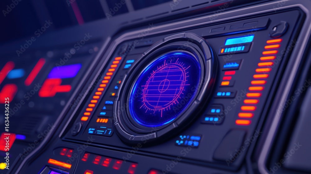 Poster futuristic control panel with colorful buttons and lights
