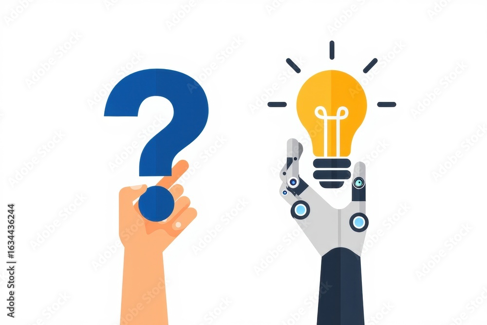 Poster human and robotic hands holding question mark and lightbulb symbolizing innovation and problem solvi
