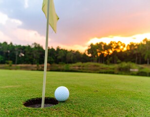 Obraz premium A golf ball rests on the putting green next to the hole with a yellow flag during a vibrant sunset.