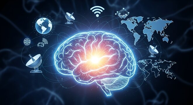 Digital illustration of a glowing brain surrounded by satellite dishes, a world map, and a WiFi symbol, representing connectivity and global communication.