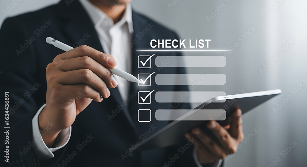 Poster businessman checking off items on a digital checklist on a tablet, symbolizing task management and p