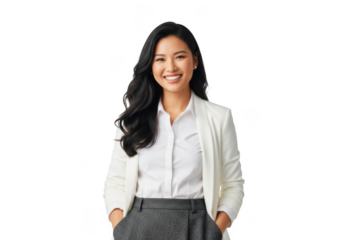 Confident young asian businesswoman in a white blazer and grey pants, smiling with hands in pockets, isolated on transparent background