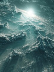 High Aerial View of Swirling Clouds Illuminated by Sunlight in a Tranquil Sky During Midday