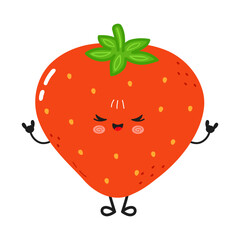 Cartoon strawberry character giving a rock and roll gesture with a happy face.