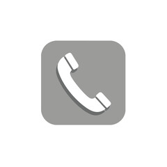 Modern telephone icon with a white receiver on a grey rounded square. A minimalist vector graphic for user interface, contact, and communication.