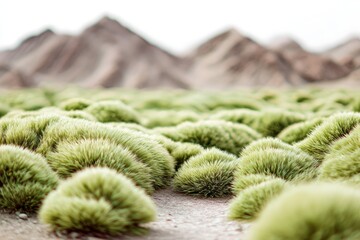Fluffy green plants cover a desert landscape, mountains in the background