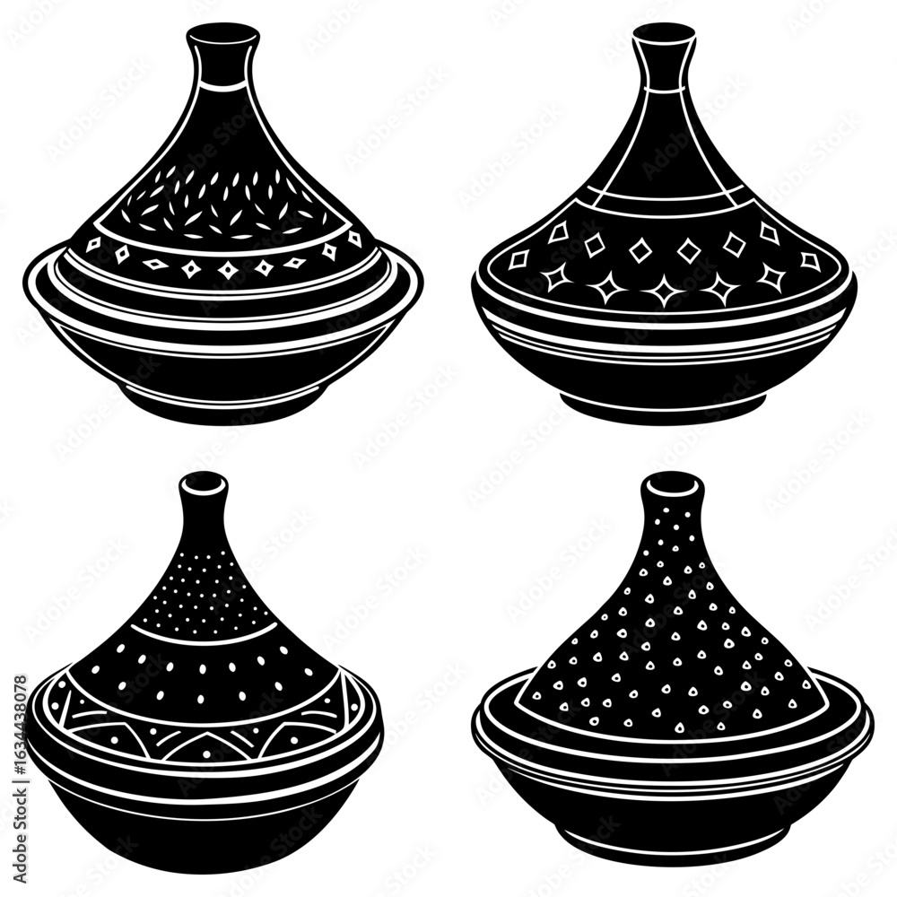 Aufkleber four black and white tagines with different patterns and designs sitting on a white background image