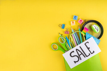 Back to school sale and shopping concept. Variety of school stationery in shopping bag pencils, paints, scissors, notebooks, calculator, school supplies, learning goods on colorful background 