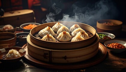 Steaming Bamboo Basket of Delicious Dumplings with Condiments and Aromatic Steam in a Rustic Kitchen Setting