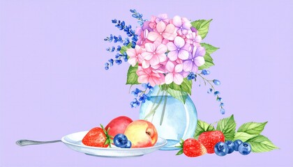 Still Life Composition of Fresh Fruits and Flowers in a Soft Purple Background Featuring a Vase of Hydrangeas and a Plate of Berries and Peaches