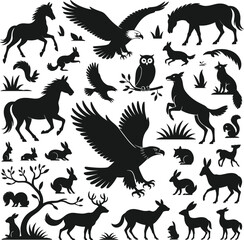 Silhouettes of forest animals including horses, rabbits, eagles, owls, foxes, deer, squirrels, trees, birds, and wildlife nature shapes