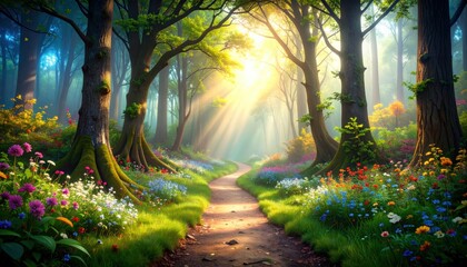 Sunlight Streaming Through Lush Green Forest Illuminating Blooming Wildflowers Along a Serene Pathway in Tranquil Woodland Landscape