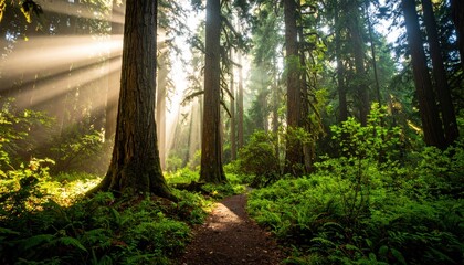 Sunlight Filtering Through Tall Trees Along a Serene Path in a Lush Forest During Early Morning Hours