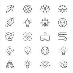 Fototapeta premium Line style creativity and idea icons. Thin outline concept set for design thinking, problem-solving, and innovation strategy. Vector for UI/UX and apps.