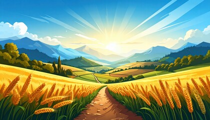 Sunrise Over Golden Wheat Fields with a Serene Path Leading Towards Majestic Mountains Under a Clear Blue Sky in a Picturesque Countryside Landscape