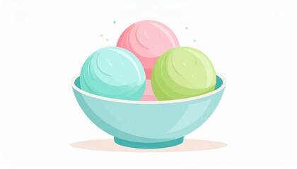Three Colorful Scoops of Ice Cream in a Bowl with Pastel Shades of Pink Green and Blue on a White Background