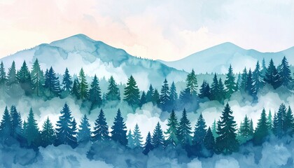 Tranquil Watercolor Landscape of Misty Forest and Mountains with Blue and Green Tones in a Serene Natural Atmosphere