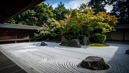 Tranquil Zen Garden Featuring Carefully Arranged Stones and Vibrant Green Trees Under a Bright Blue Sky with Fluffy White Clouds
