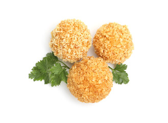 Delicious fried croquette balls and parsley isolated on white, top view