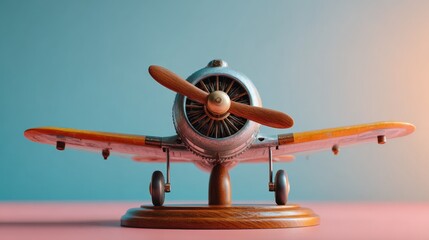 A toy plane front view sits on a wooden stand with pink surface against a twotone blue  peach background