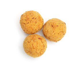 Delicious fried croquette balls isolated on white, top view