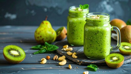 Two Mason Jars Filled with Refreshing Green Smoothies Made from Kiwi and Pear on Rustic Wooden Table with Fresh Fruits and Nuts Decor