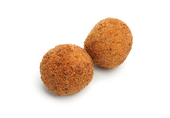 Delicious fried croquette balls isolated on white, above view