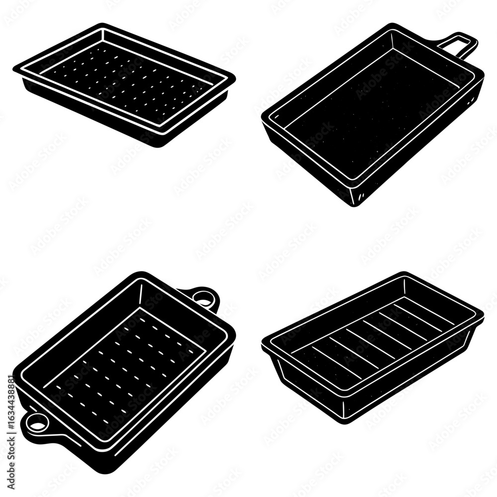 Aufkleber illustration showing four black rectangular trays with different designs and handle features display