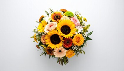 Vibrant and Colorful Bouquet of Sunflowers Mixed with Roses and Seasonal Flowers on a Bright Background Ideal for Celebrations and Special Occasions