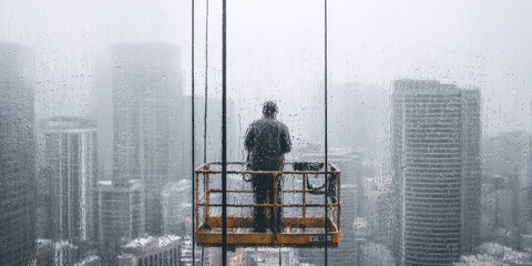 Window cleaner on suspended platform in rainy cityscape