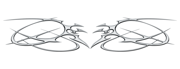 Chrome neo tribal tattoo. Succubus womb sigils and sharp cyber sigilism elements in liquid silver Y2K style	
